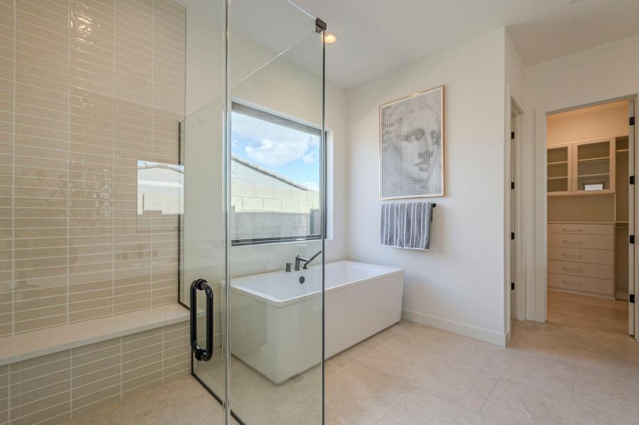 Primary bathroom with striking finishes including standalone tub and glass shower door