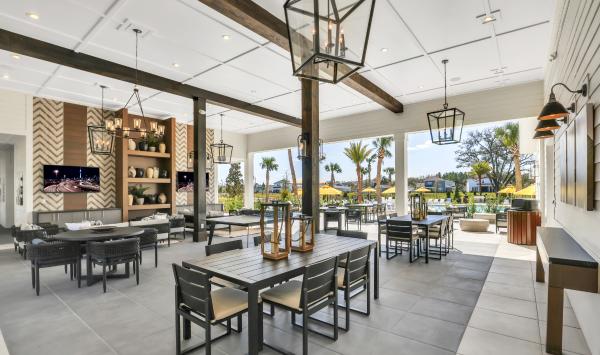 Enjoy socializing with neighbors on the poolside deck