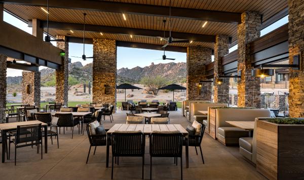Outdoor dining space with incredible mountain views