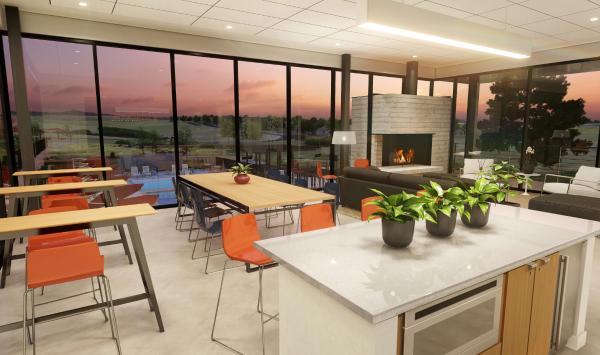 The Spoke Amenity Center lounge area with fireplace